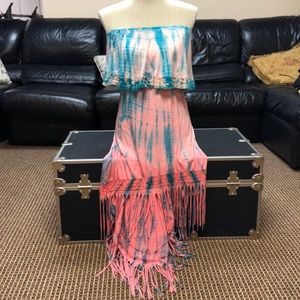 T party tie dye hi- low fringe dress
